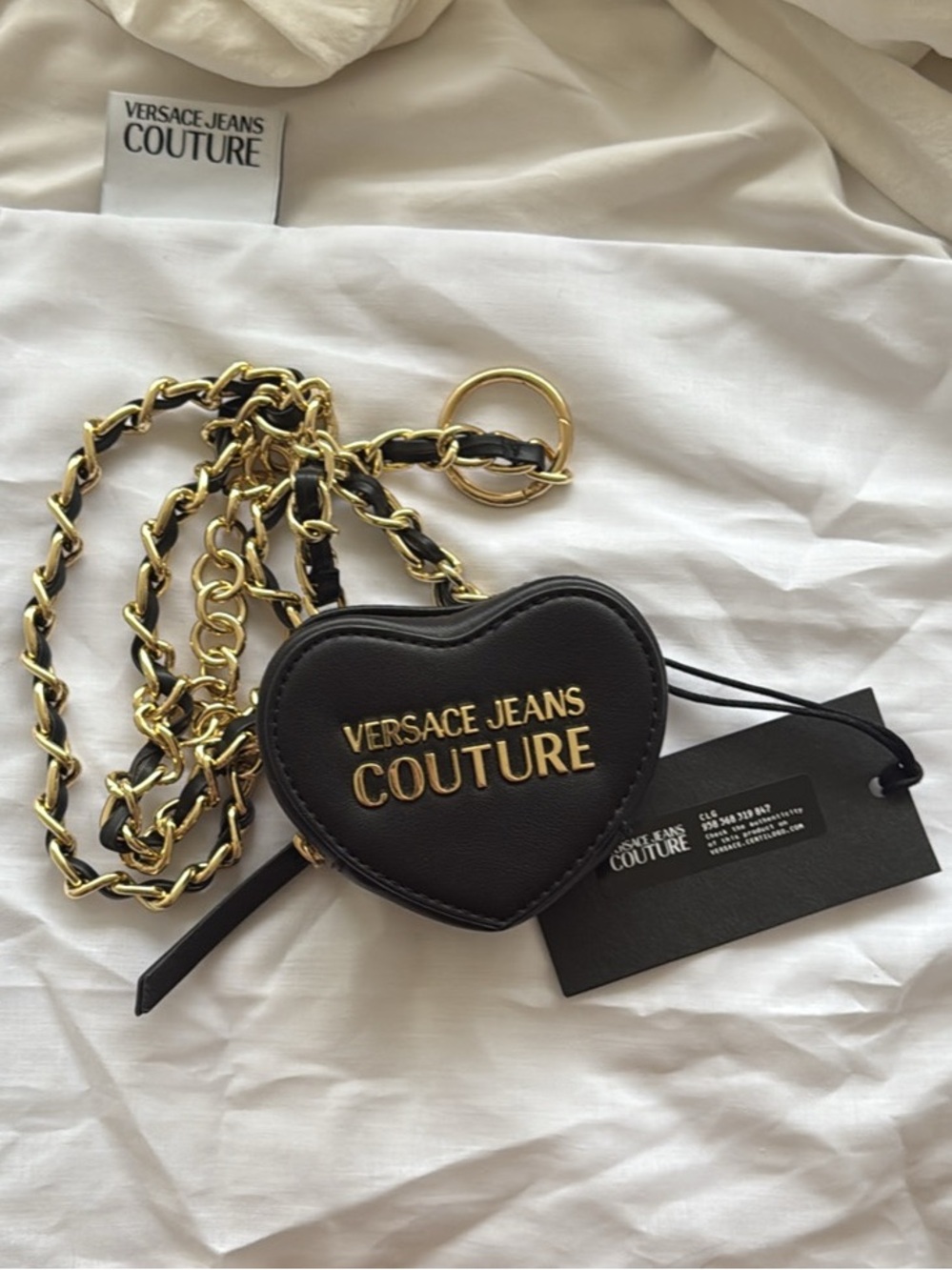 Versace Jeans Collection Black Heart Belt Wallet with Gold Chain Detail